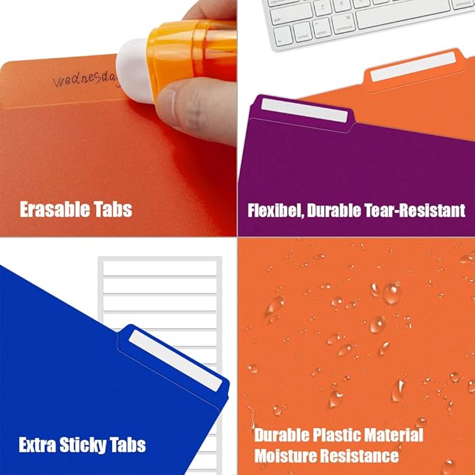 Sooez 6 Pack Plastic File Folders Colored with Sticky Labels, Heavy Duty Plastic Colored File Folders Letter Size with Erasable 1/3-Cut Tab, Stronger Than Manila File Folder, Perfect for Organization