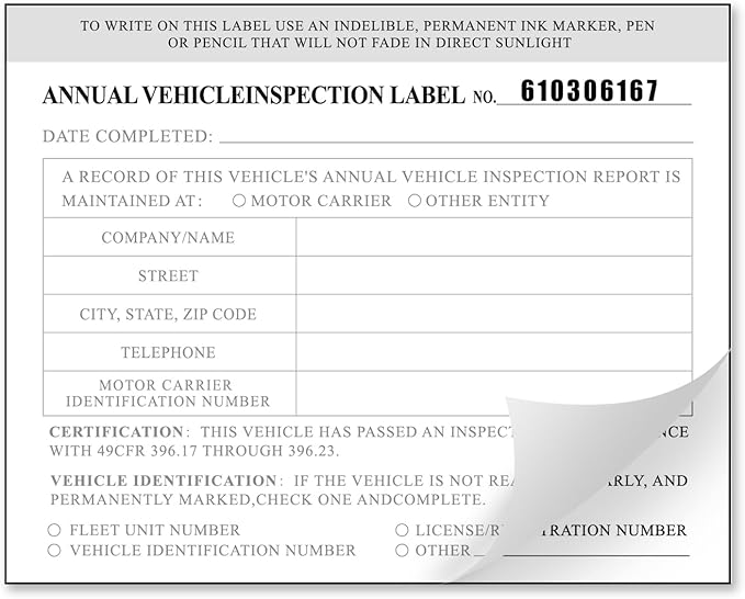 Annual Vehicle Inspection Report Form 25-pk 3-Ply Carbonless, 8.5" x 11.75" + 2-Ply Vinyl with Mylar Laminate Label 5" x 4"