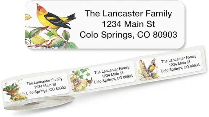 Meadow Birds Rolled Personalized Return Address Mailing Labels with Dispenser, Set of 250, 5 Designs, Small ¾ x 2½ Inch Size, Custom Self-Adhesive Sticker Roll, by Colorful Images