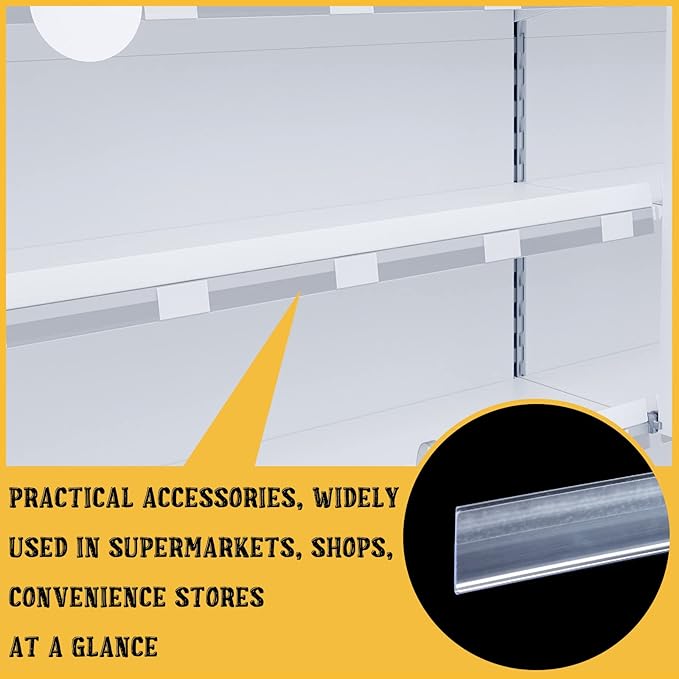 Fainne 50 Pcs Shelf Label Strips 1.5''H x 48''L Self Adhesive Shelf Label Holder Gondola Price Tag Stick on Plastic Clear Ticket Channel for Metal Wood Plastic Rack