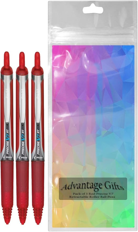 Precise V7 RT Retractable Rolling Ball Pens, Fine Point (.7mm), Red Ink, 3-pk; Premium Comfort Grip, Bundle with Plastic Reusable Pouch
