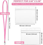 Marspark 100 Sets Clear Name Tags with Lanyard, Lanyards for ID Badges Reusable Strap with ID Holder Plastic Name Badges for Adults Business School Church Conference (Pink)