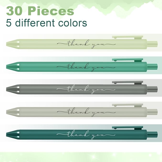 30pcs Thank You Pens Bulk Cute Multicolor Ballpoint Pen for Men Women Server Accessories Employee Holiday Appreciation Gifts for Teacher Office Back to School Party Favor (Green)