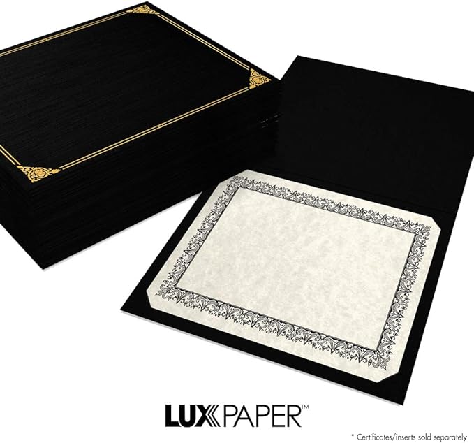 LUXPaper 9.5" x 12" Certificate Holders | Black Linen | Embossed Gold Foil Floral Border | 100lb. Cover | 25 Qty