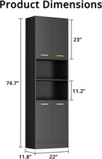 Cozy Castle Kitchen Pantry Cabinet, 75" Tall Wood Storage Cabinet with Doors and Shelves, 4 Doors Open Countertop Utility Hutch Cupboard for Dining Room Living Room Bathroom Furniture, Black