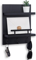 Lucundm Key Holder Wall Mount, Mail Shelf Decor with 3 Key Hooks, Versatile Wood Wall Organizer for Entryway Hallway (8.2” x 10.6”x 3.6”) (Black)