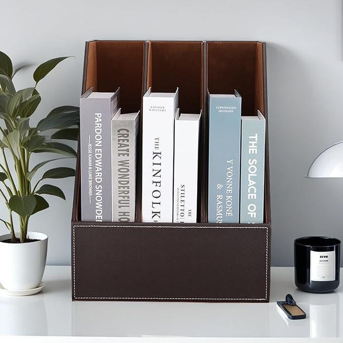KINGFOM Desktop Wooden Leatherette Magazine File Holder-Organizer-3 Compartment Stand Rack-Papers Storage Box (brown)