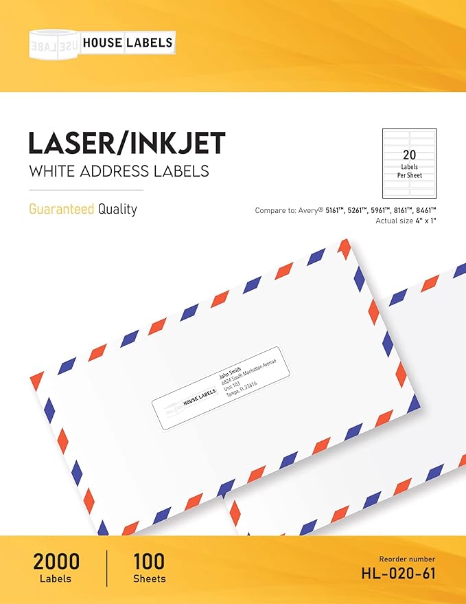 HOUSELABELS 20-up Shipping Labels (4" x 1") for Laser and Inkjet Printers, 25 Sheets