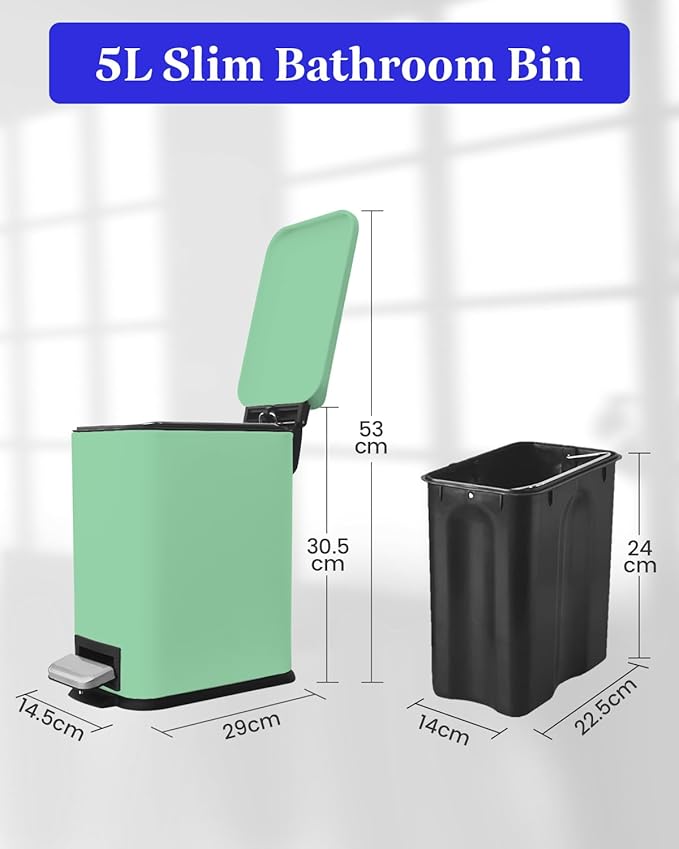 JM.YIPENG Bathroom Rubbish Bin, 5 Litre Cosmetic Bin, Small Waste Bin with Soft Close Lid, Bathroom Bin for Toilet, Bathroom, Bedroom, Living Room, Green