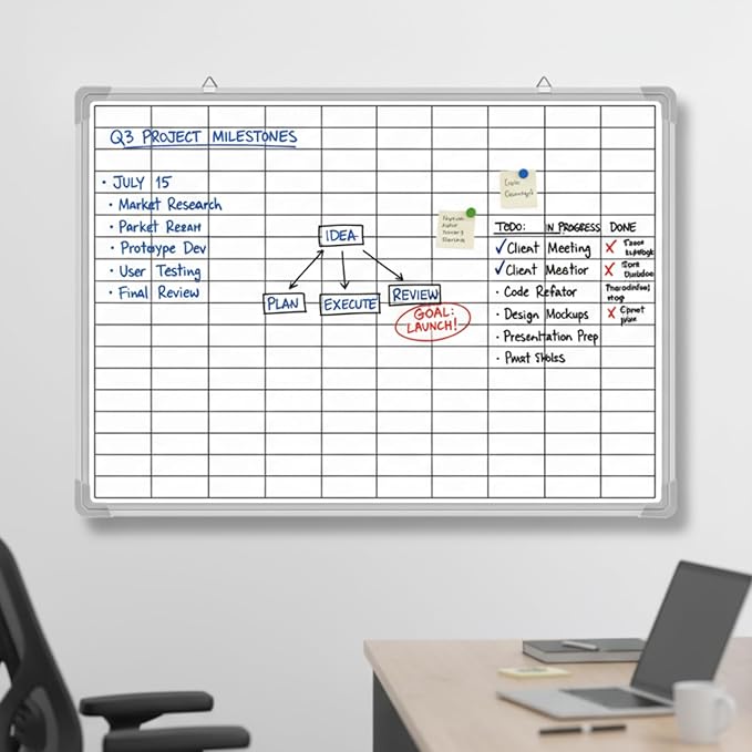 Lined Whiteboard Blank Grid Aluminum Frame Dry Erase Board Reusable Wall Mounted Board for Scheduling, to Do Lists Weekly Planning Home Work(36 x 24 Inch,Whiteboard with Grid)