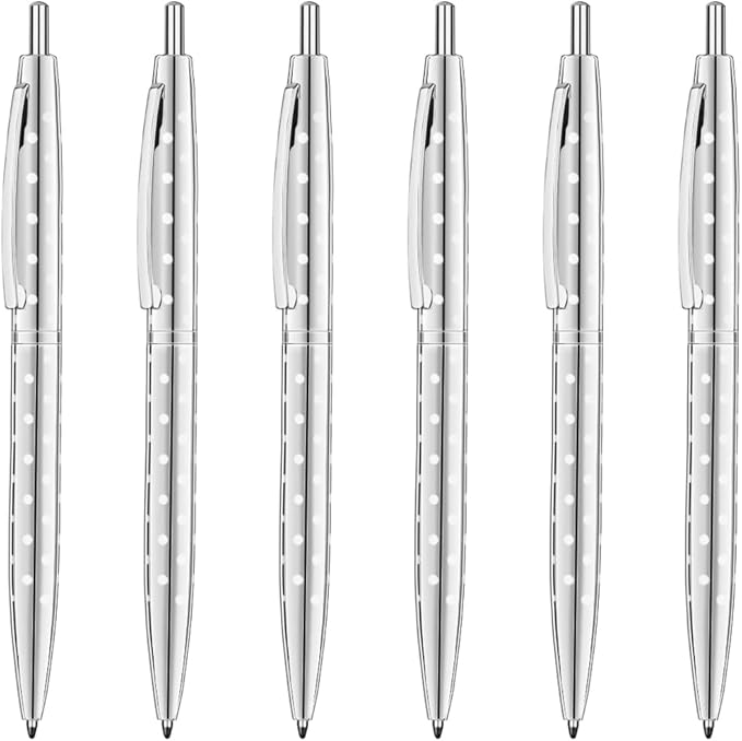 Unibene 6 Pack Cute Dot & Sliver Click Ballpoint Pens -1.0mm Medium Point Black Ink with 6 Stainless Steel Refills for Business Office Students Teachers Wedding Christmas ﻿