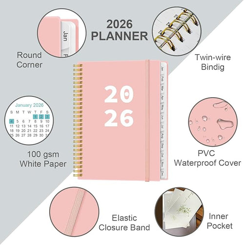 2026 Planner - Planner 2026 from January 2026 to December 2026 with 12 Monthly Tabs, Flexible Cover, Inner Pocket, 8.5" x 11", Pink-A
