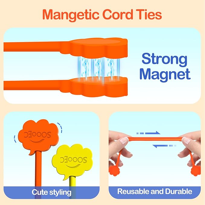 SOOOEC Magnetic Cable Ties, 24 Pack 7.2" Magnetic Cord Organizer Cute Cloud Design, Reusable Silicone Twist Ties with Strong Magnet for Bundling and Cable Management, Fridge Magnets, Assorted Colors.