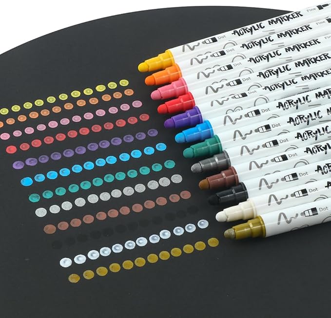 TRANSON 12 Color Bold and Fine Dual-tip Acrylic Paint Pen Set for Canvas Rock Wood Leather Ceramic DIY Painting