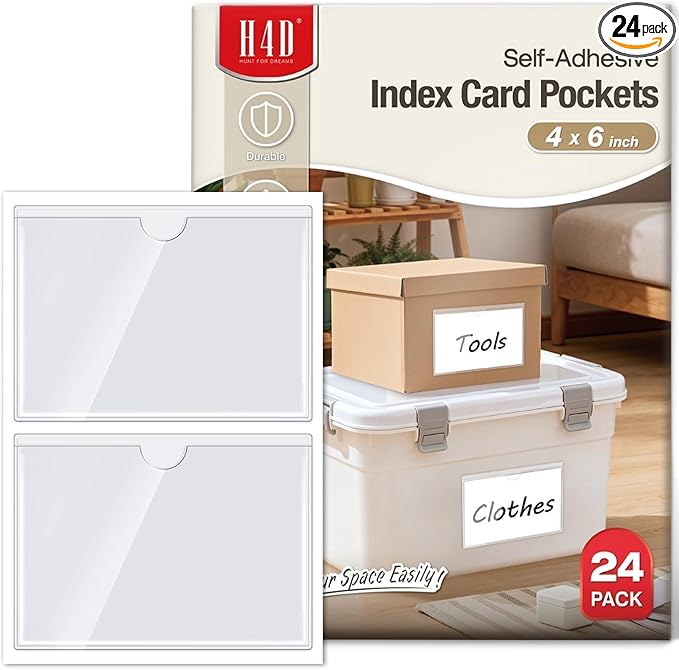 H4D 24 Pack Labels for Storage Bins, 4" x 6" Plastic Clear Adhesive Index Card Holders, Tote Label Pockets for Organizing Storage, Library Card, Shelves
