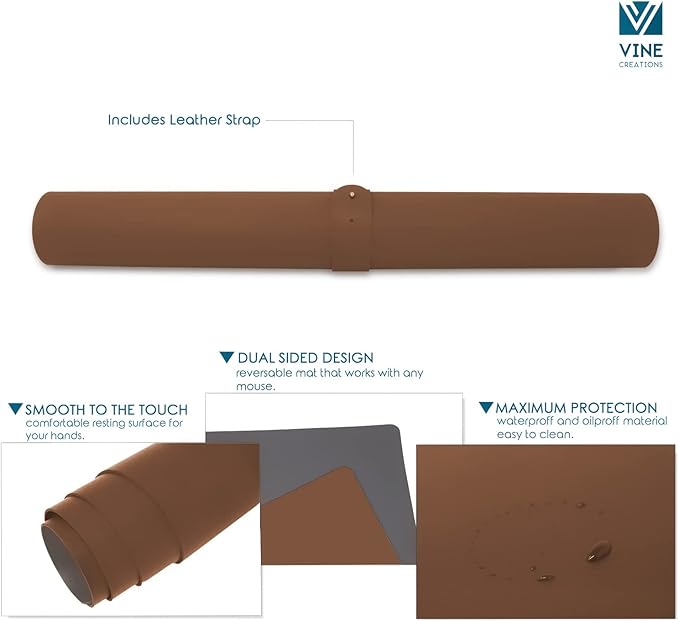 Vine Creations Leather Desk Pad - Large 36" x 20", Desk Protector with PU Leather, Mouse Pad, Blotter for Office (Brown)