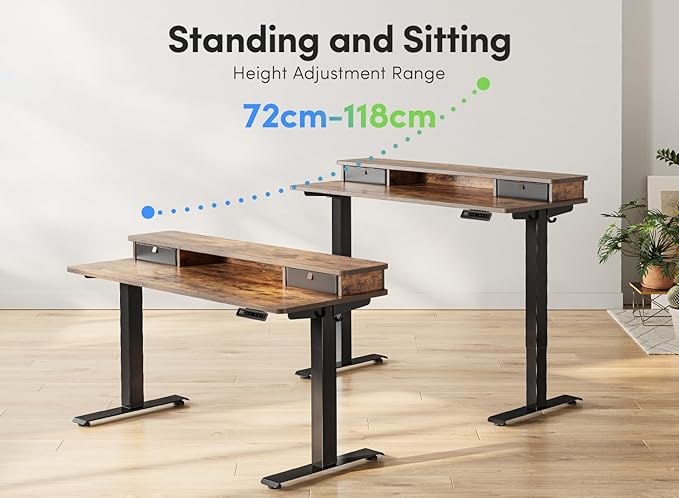FEZIBO 55''x 24'' Height Adjustable Electric Standing Desk with Double Drawer, Home Office Computer Desk with 4 Height-Adjustable Feets & 2 Hooks, Rustic Brown