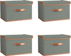 Tuza 4 Pack Storage Bins with Lids, Collapsible Closet Organizer Container, Fabric Organizer Box with Handles, Decorative Storage Boxes with Lids for Organizing Clothes, Blanket, Grey, Large