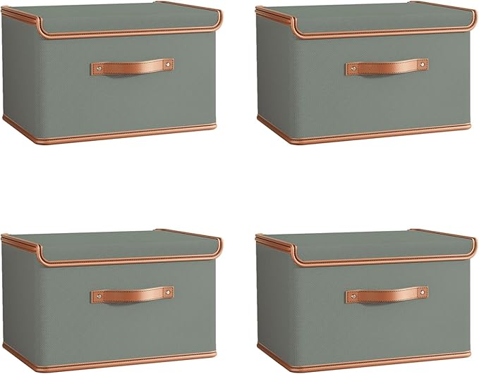 Tuza 4 Pack Storage Bins with Lids, Collapsible Closet Organizer Container, Fabric Organizer Box with Handles, Decorative Storage Boxes with Lids for Organizing Clothes, Blanket, Grey, Medium