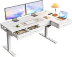 OffiGo L Shaped Electric Standing Desk with Wooden Drawers, 55 Inch Height Adjustable Corner Workstation with Power Outlets, Sit Stand Table for Home, Office, White