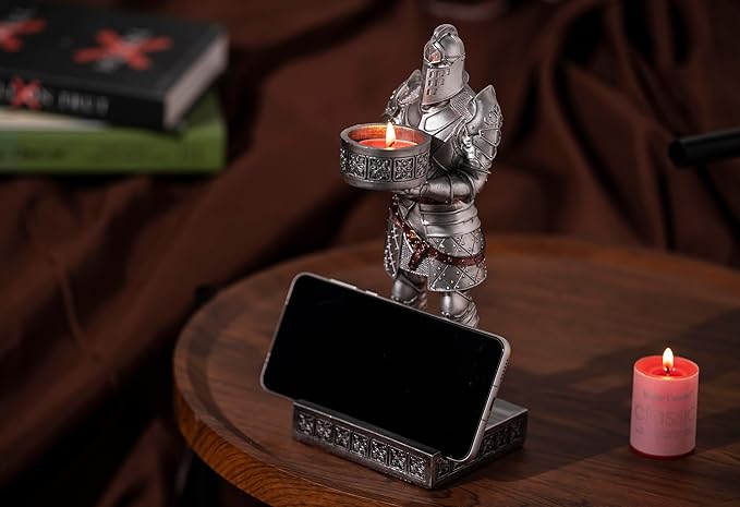 King's Guard Standup Knight Candlestick Holders Resin TeaLight Holder Warrior Mobile Phone Stand Pen Holder Candle Holder for Restaurant, Altar, Home Table(Silver)