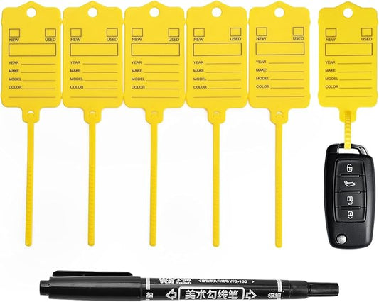 100 Car Key Tags with Labels Plastic Car Dealership Key Tags Self Locking Automotive Identifiers Blank Shop Labels with One Pen (Yellow)