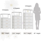 Furnulem White Nightstand with 3 Drawers and 2-Tier Shelf, Small Night Stand End Table Side Furniture, Fabric Storage Organizer for Bedroom, Closet, Hallway, Nursery, Sturdy Steel Frame, Wood Top