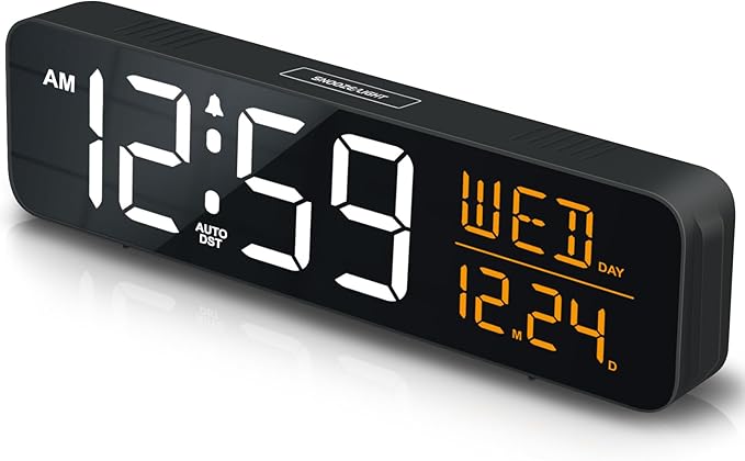 Peakeep Large Display Digital Alarm Clock for Bedrooms, Date Day of Week Desk Table Clocks for Living Room Office, Dimmable 5 Dimmers Plug in Electric Clock, Auto DST