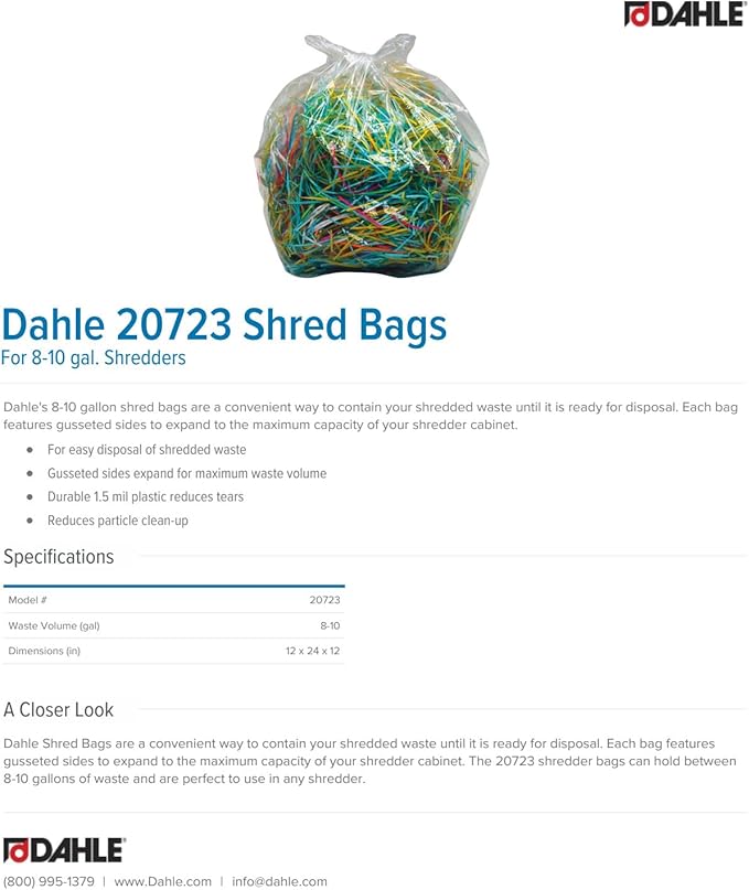 Dahle 20723 Shred Bags w/Gusseted Sides For Maximum Capacity, For Dahle 8-10 Gal Bin Shredders (Pack of 200)