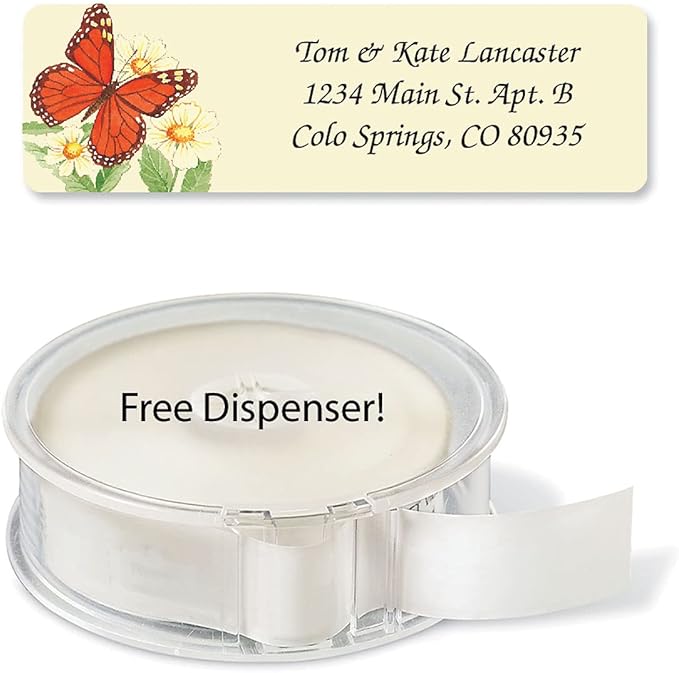 Butterflies Rolled Personalized Return Address Mailing Labels with Dispenser, Set of 250, 5 Designs, Small ¾ x 2½ Inch Size, Custom Self-Adhesive Sticker Roll, by Colorful Images