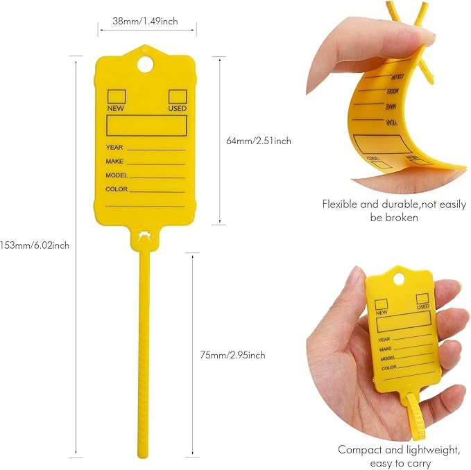 50 Car Key Tags with Labels Plastic Car Dealership Key Tags Self Locking Automotive Identifiers Blank Shop Labels with One Pen (Yellow)