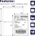 POLYSELLS Self Adhesive Address Shipping Labels, White Sticker FBA Labels (500 Sheets, 8.5" x 5.5" (2UP))
