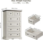 VVFLU Farmhouse 6 Drawer Dresser, 48" Tall White Dresser with Natural Texture & Metal Handles, Storage Drawer Chest for Bedroom, Living Room, Hallway, Vintage Design (Antique White)