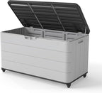 PATIOEASY 100GAL Square Storage Box (With Wheels) White，Waterproof Resin Storage Bin for Patio Cushions，Accessories，UV Resistan