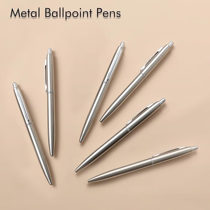 ChaoQ 6 Pcs Retractable Metal Ballpoint Pens, for Gift, Business, Office, 1.0mm Medium Point Black Ink, 12 Extras Replaceable Metal Refills - Stainess Steel