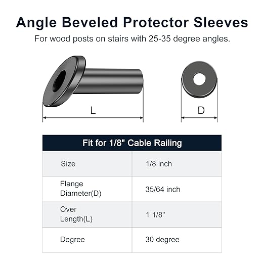 BLIKA 40 Pack 25 30 35 Degree 1/8" Black Cable Railing Angle Beveled Protector Sleeves, T316 Stainless Steel, Angle Protector Sleeves Deck Stair Cable Railing Hardware Kit for Wood Posts