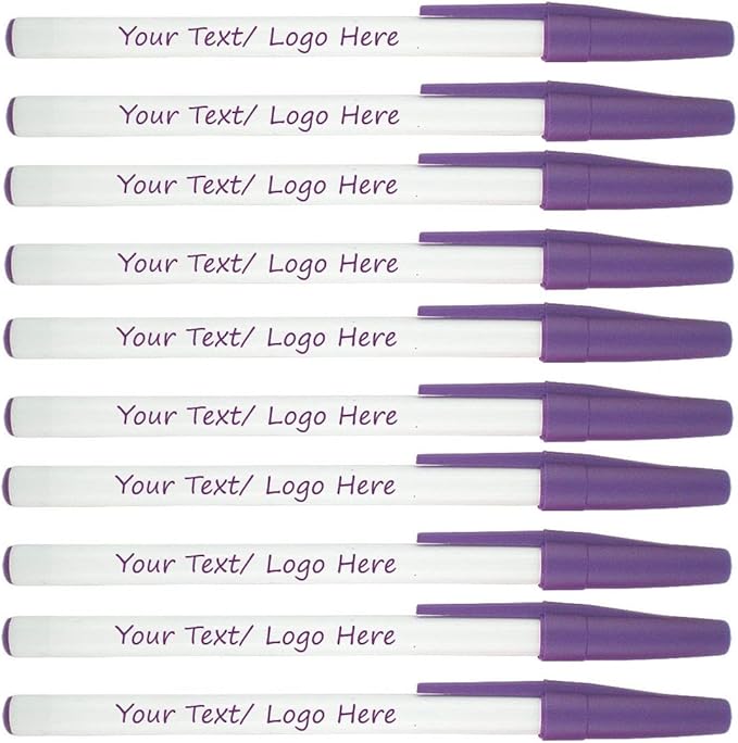Personalized Stick Pens With your Custom Logo or Text-500 Pack Bulk-for Businesses, Parties, and Events, Custom Printed Slim Ballpoint Pens with Cap, Purple, Black Ink