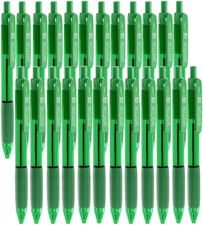 Writon Retractable Ballpoint Pens, Comfort Grip, 1.0mm Medium Point, Green Ink, 24 Pack