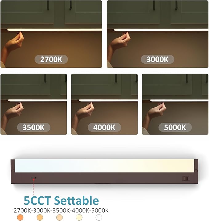 Leetdud LED Under Cabinet Lighting Hardwired or Plug in, 16 Inch 8W, Dimmable 5 Color 2700K/3000K/3500K/4000K/5000K, Linkable Eyes Care Design Counter Lights for Kitchen, Sink, ETL Listed, Bronze