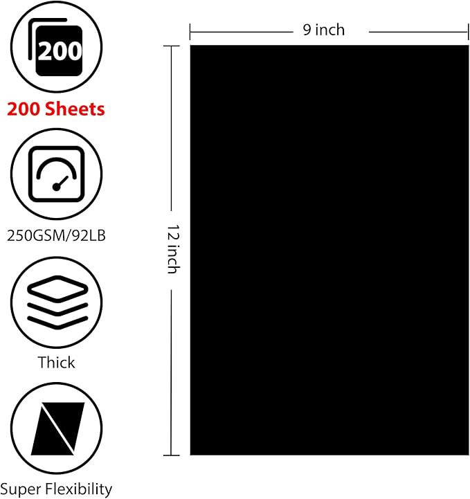 OcePor 200 Sheets Black Cardstock 9” x 12”, 92lb/250gsm Black Card Stock, Thick Card Stock Paper, Heavy Cardstock Paper for Printer, Resume, Scrapbooks, Art, Crafts, Business Cards