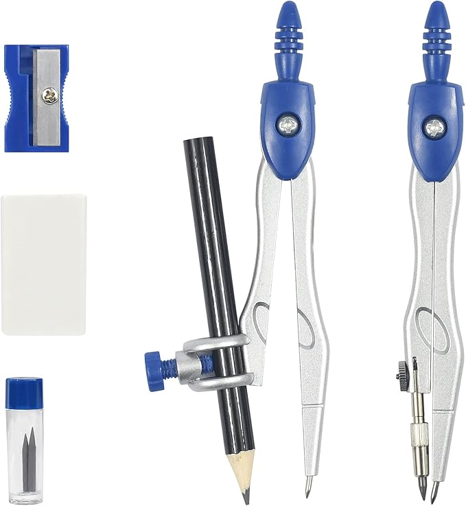10 Pieces Math Geometry Kit Set Student Supplies with Shatterproof Storage Box,Includes Rulers,Protractor,Compass,Eraser,Pencil Sharpener,Lead Refills,Pencil,for School and Drawings（Navy Blue）