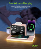 Acer 7-in-1 Wireless Charging Station with LED Clock - 30W Fast Wireless Charger for iPhone 16/15/14/13/12/Pro Max, Apple Watch, AirPods - Bluetooth Auto Time Sync & Night Lights (Pink)