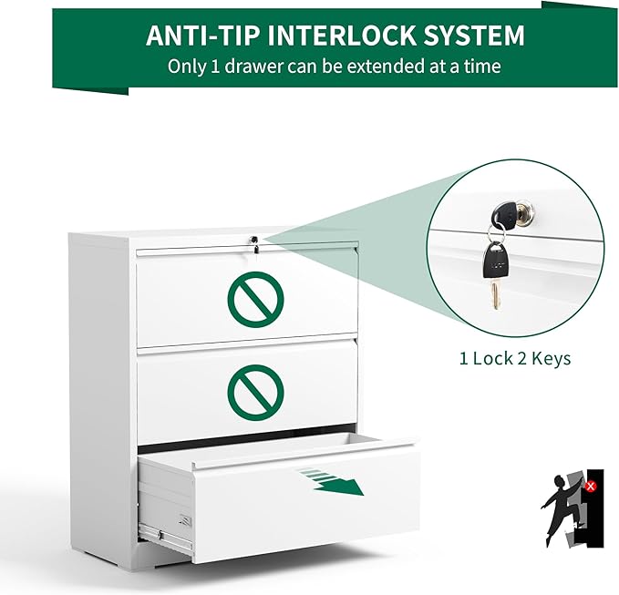 3 Drawer Lateral File Cabinet, Metal Filing Cabinets for Home Office, Steel Storage Wide File Cabinet for Letter/Legal/F4/A4 Size with Hanging Bars, Assembly Required (White)