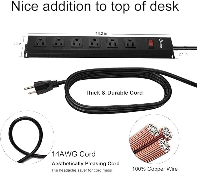 6 Outlet Power Strip with Wide Spaced and 10FT Power Cord,Wall Mount Metal Industrial Power Strip Heavy Duty for Commercial,Garage,School and Home,15A 125V 1875W,Black(10FT)