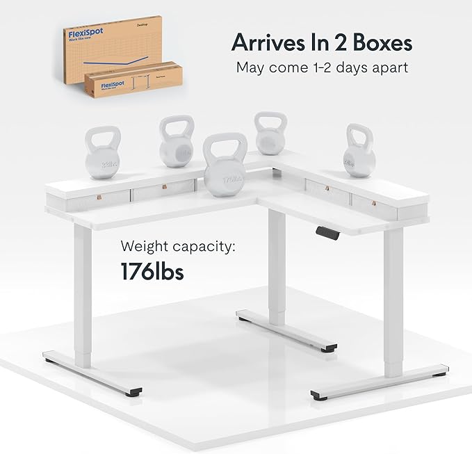 FLEXISPOT 63" L Shaped Standing Desk with Shelf Electric Corner Table, Drawers, Adjustable Computer Workstation for Home, Office,63x55in, White Top + White Frame
