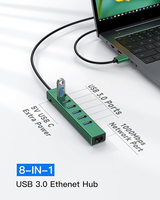 7 Ports USB 3.0 Hub, USB to Network HUB with 3.9ft Long Cable for Laptop, USB Splitter with Gigabit Ethernet Port and 5V/3A Power Port, MultiPort Aluminum Hub for iMac, PC, Flash Drives (Green)