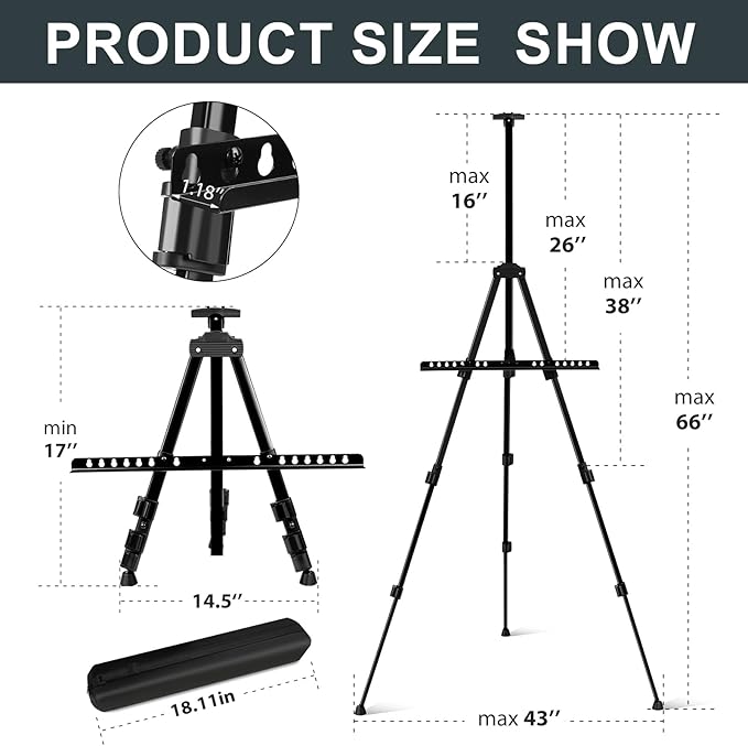 AROIC 17-66 Inch Art Easel Stand, Sturdy Aluminum Tripod for Table Top & Floor Painting - Portable Adjustable Display Easel for Canvases with 1 Storage Bag | Studio, Hobby & Professional Artist Easels