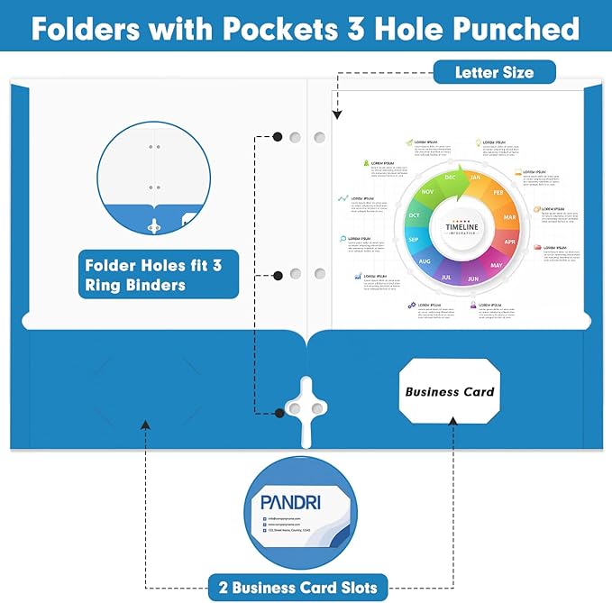 Two Pocket Portfolio Folders, PANDRI 60 Pack 3 Hole Punched 2 Pocket Folders for 3 Ring Binder, Letter Size Paper File Folder for School Office Home Business, Blue