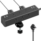 Flat Plug Desk Clamp Power Strip 10FT, 24W Total Charging Station, Desk Edge Mount Power Strip 9 AC Outlets 8 USB Ports Surge Protector, Fit 1.7" Tabletop Edge, Home Office Accessories