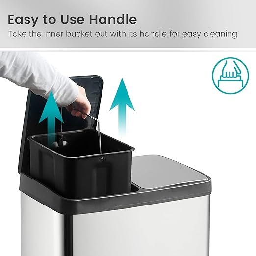 60 Liter (2x30L) 16 Gallon Dual Trash Can, Recycle Bins for Kitchen with 2 Compartments, Trash and Recycle Bin Combo, Soft Close Lid, Stainless Steel Trash Can